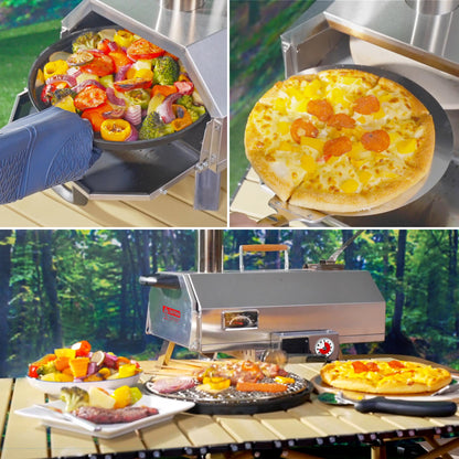 Stainless Steel Pizza Oven Outdoor 12" Automatic Rotatable Pizza Ovens,Portable Wood Fired Pizza Oven Pizza Maker with Timer, Built-in Thermometer,Pizza Cutter & Carry Bag