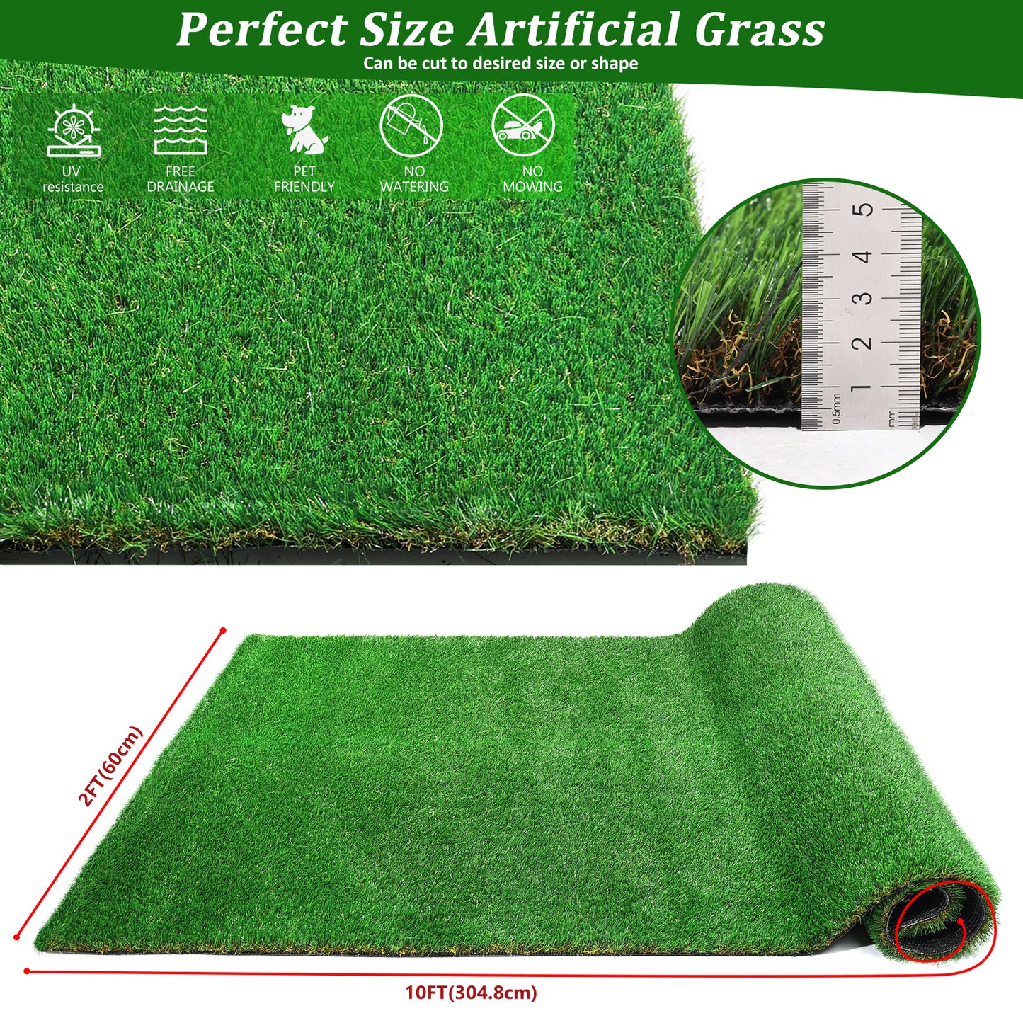 2FTX10FT Outdoor Artificial Grass Runner Rug, Thick Realistic Fake Grass Roll Decor Patio Balcony Garden Lawn, Dog Pets Turf Drain Mat, 1.38" Pile Height