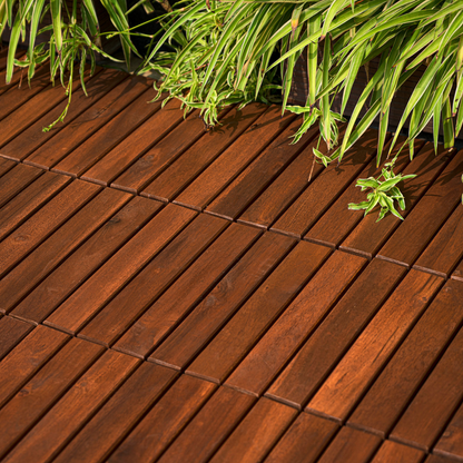 Acacia Wood Interlocking Deck Tiles Striped Pattern, 20 PCS  12" x 12" Square Acacia Hardwood Outdoor Flooring for Patio, Bancony, Pool Side,...