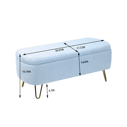 Blue Storage Ottoman Bench for End of Bed Gold Legs, Modern Grey Faux Fur Entryway Bench Upholstered Padded with Storage for Living Room Bedroom