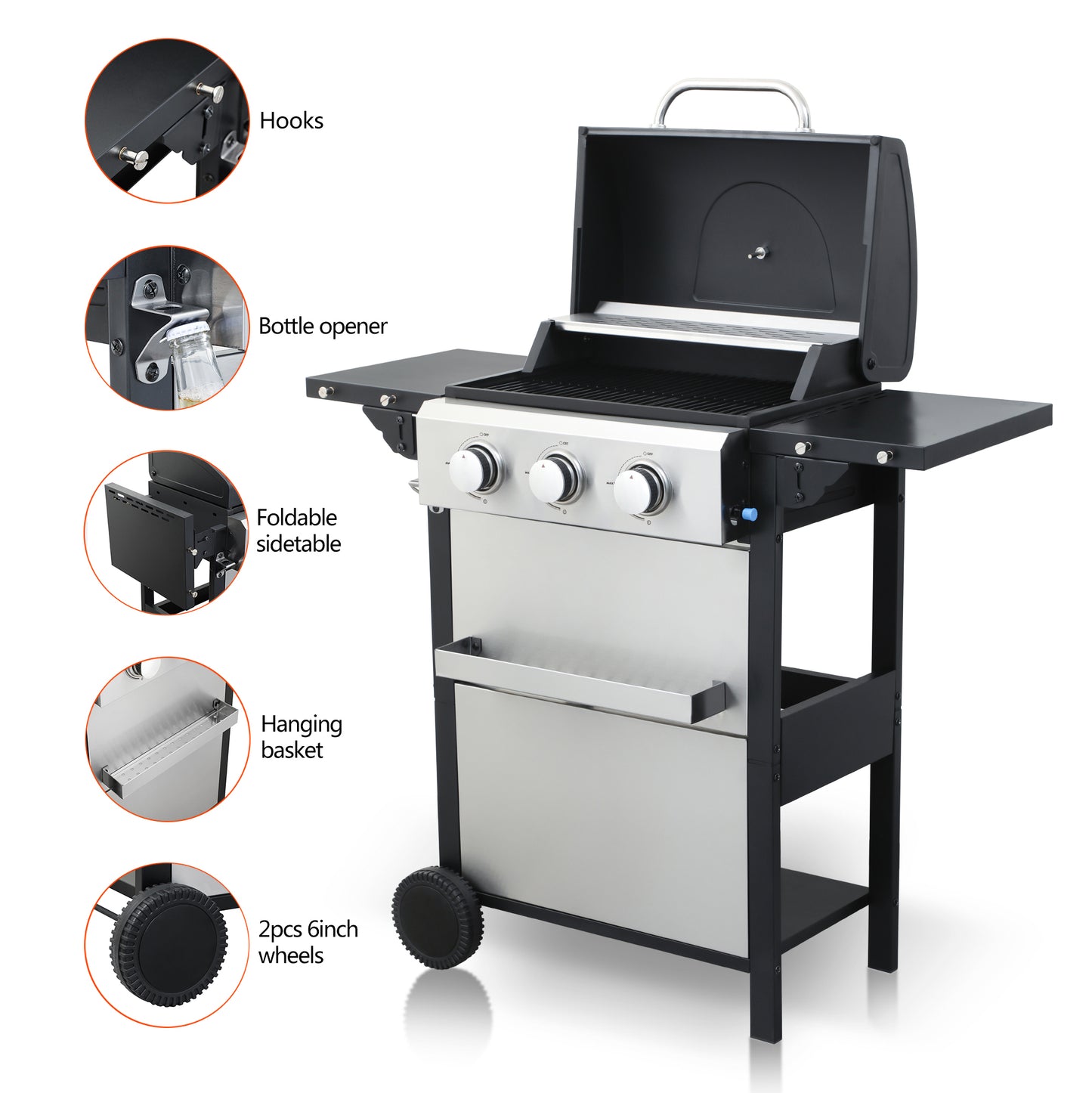 3-Burner Propane Gas BBQ Grill, 25650BTU Output With Wire Enamel Cooking Grids For Outdoor Barbecue, Foldable Side Table, Stainless Steel