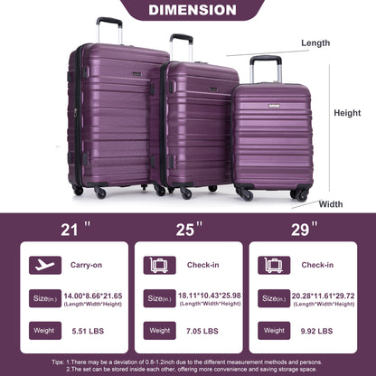 Expandable 3 Piece Luggage Sets PC Lightweight & Durable Suitcase with Two Hooks, Spinner Wheels, TSA Lock, (21/25/29) Dark Purple