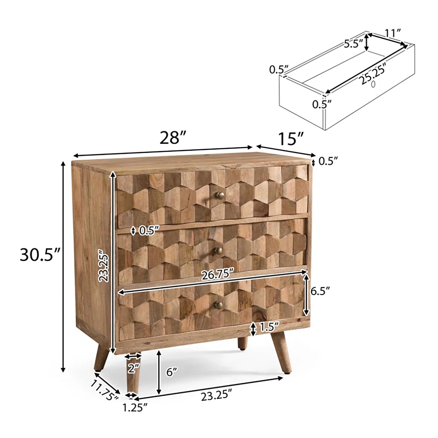 Mid-Century Modern Mango Wood 3 Drawer Chest