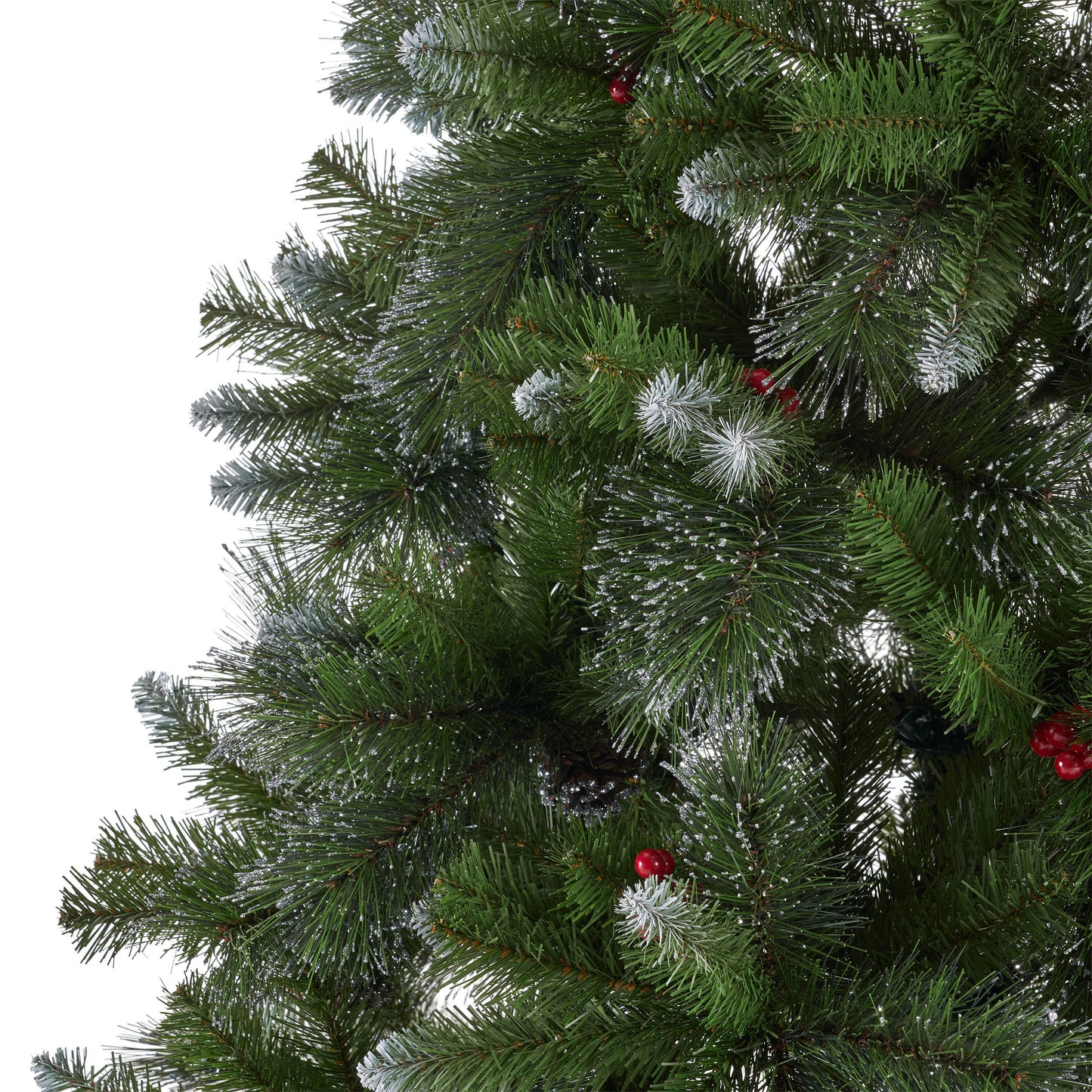 9' Glitter Bristle Mixed Hinged Tree with 72 Red Berry and 73 Pine Cones and 2099 tips,Dia:66