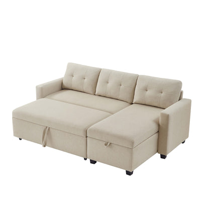 Upholstered Pull Out Sectional Sofa with Storage Chaise, Convertible Corner Couch, Beige