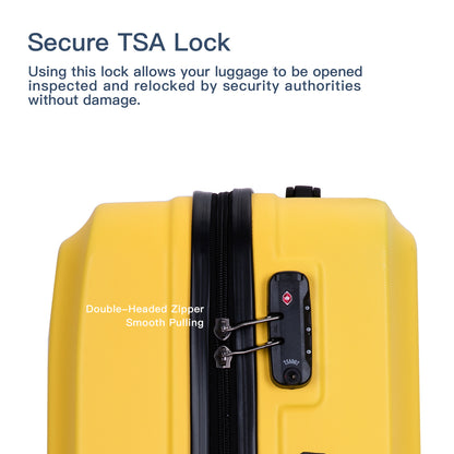 3 Piece Luggage Sets ABS Lightweight Suitcase with Two Hooks, Spinner Wheels, TSA Lock, (20/24/28), Yellow