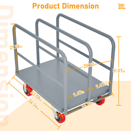 Steel Panel Truck, Heavy Duty Drywall Cart Lumber Cart Platform Truck Flat Cart, 2000lbs, 6" Swivel Brake Casters, with 3 Side Handrails (36" x 24")