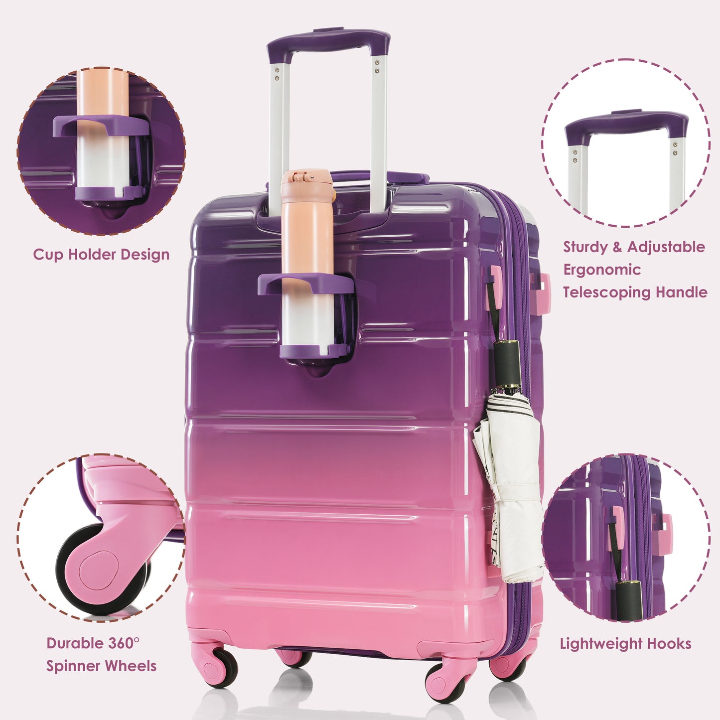 Luggage Set of 3, 20-inch with USB Port, Airline Certified Carry-on Luggage with Cup Holder, ABS+PC Hard Shell Luggage with Spinner Wheels, purple and pink