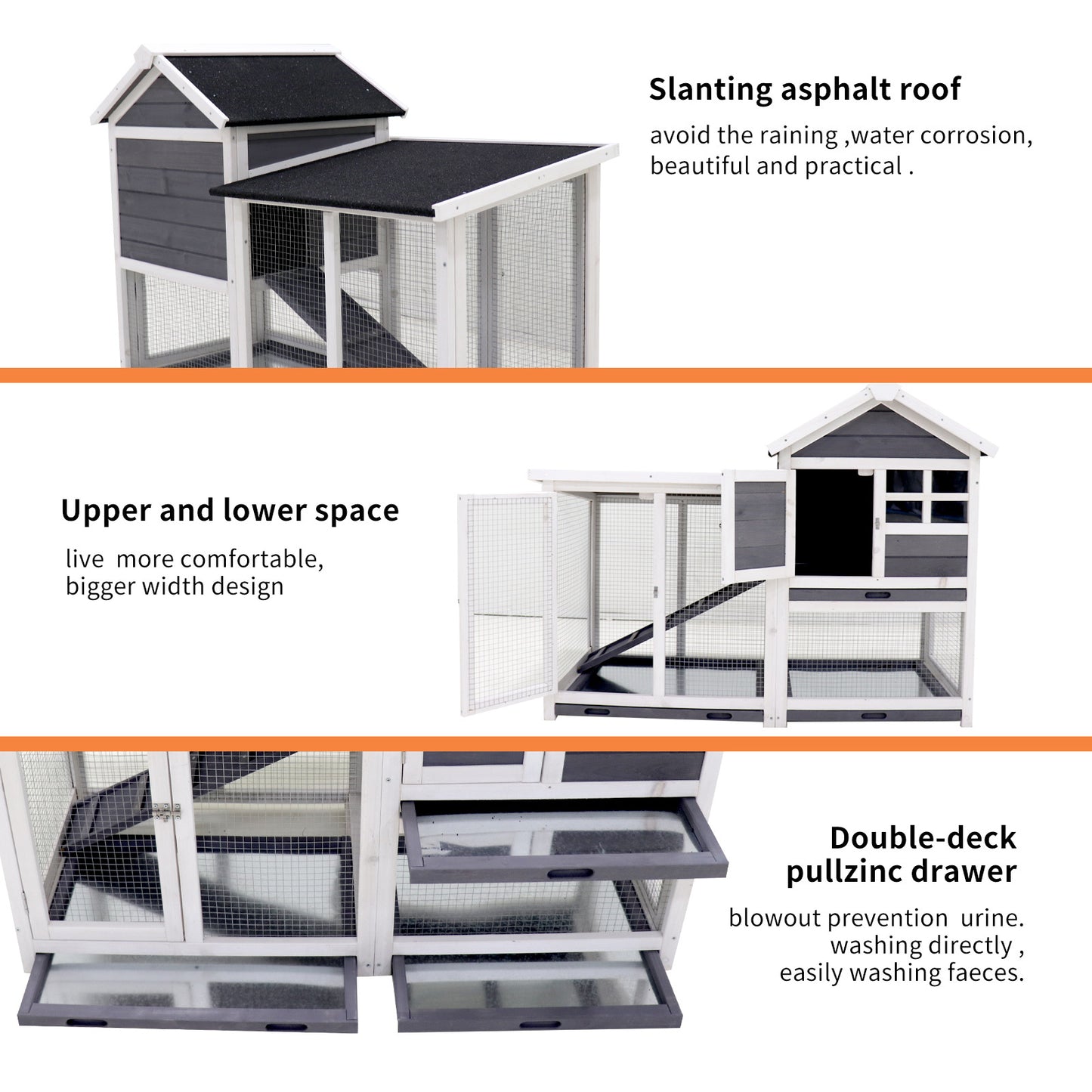 Rabbit Hutch Outdoor Rabbit Cage Indoor on Wheels Bunny cage with Deep No Leak Pull Out Tray,Upgrade Version (Gray)