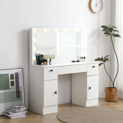 Vanity table with lighted mirror, vanity desk with 3 drawers and storage cabinet,3 color lighting modes adjustable brightness, white color