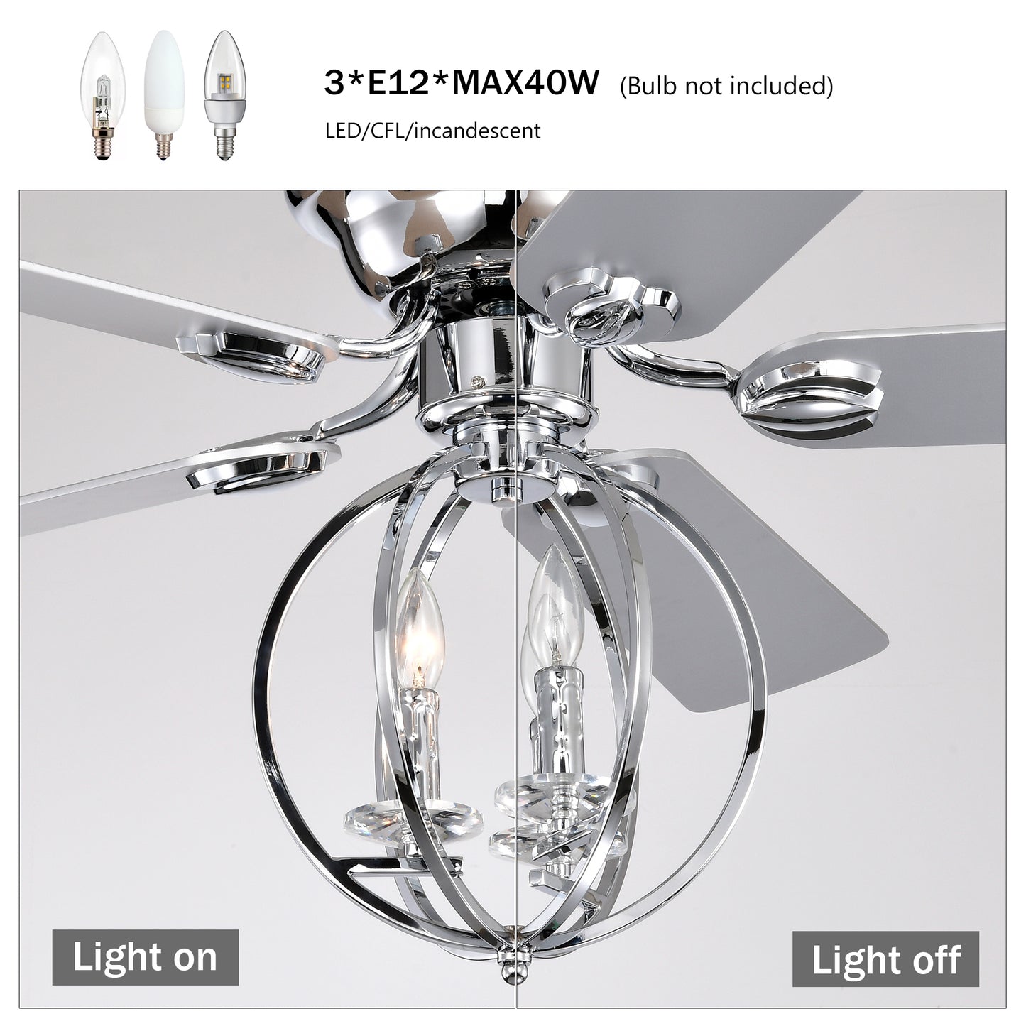 5-blade 52-inch Chrome Ceiling Fan with 3-Light  (NO INCLUDE BULB) Chandelier (Remote Controlled)