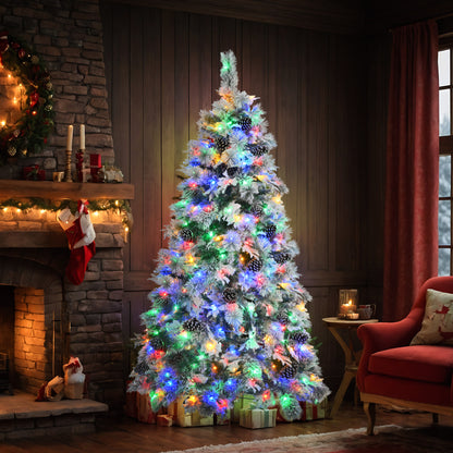 6FT Pre-Lit Spruce Snow Flocked Christmas Tree with Pine Cones, Artificial Xmas Tree with 403 Branch Tips,Mixed PE & PVC Branches, 250 Multi-Color LED Lights, 11 Flashing Modes, Holiday Décor