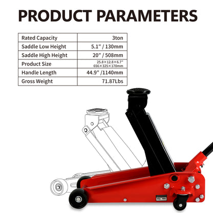 Hydraulic trolley Low Profile and Steel Racing Floor Jack with Piston Quick Lift Pump,3Ton (6,000 lb) Capacity, Lifting range 5.1"-20"