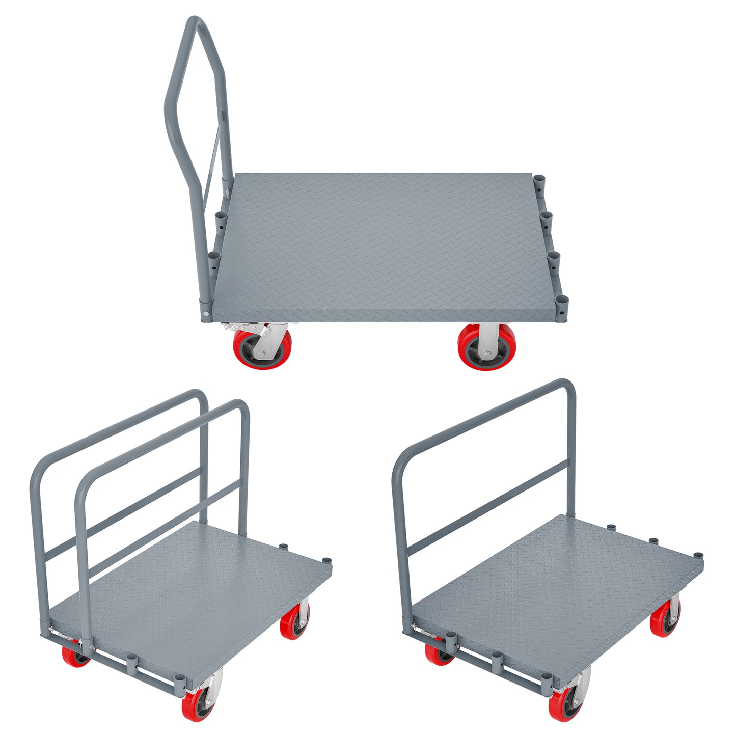 Steel Panel Truck, Heavy Duty Drywall Cart Lumber Cart Platform Truck Flat Cart, 2000lbs, 6" Swivel Brake Casters, with 1Front and 2 Side Handrails (36''x24'')