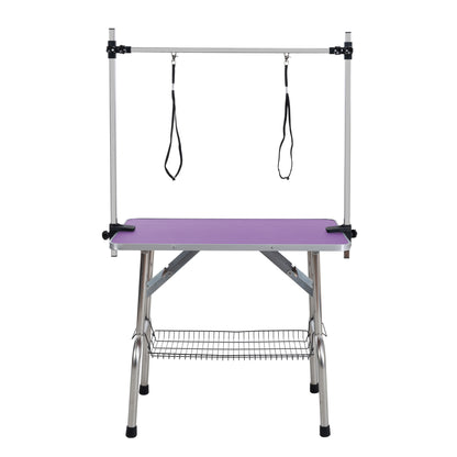 42" Folding Dog Pet Grooming Table Stainless Steel Frame Rubber Mat on Board with Adjustable Arm and Clamps pet dog Cat Grooming Table (PURPLE COLOR)