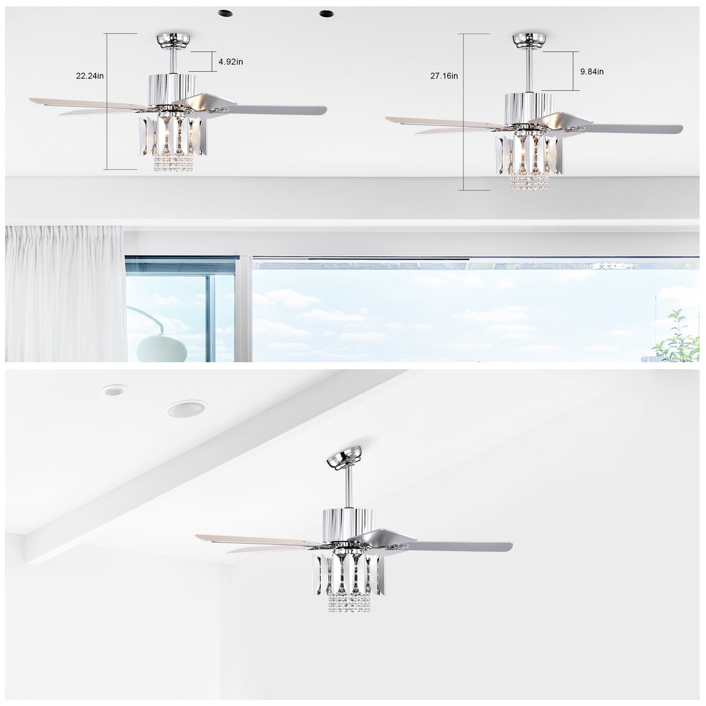 Crystal Ceiling Fan Reversible Blades 3 Wind Speeds Remote Control for Bedroom Living Dining Room --Chrome