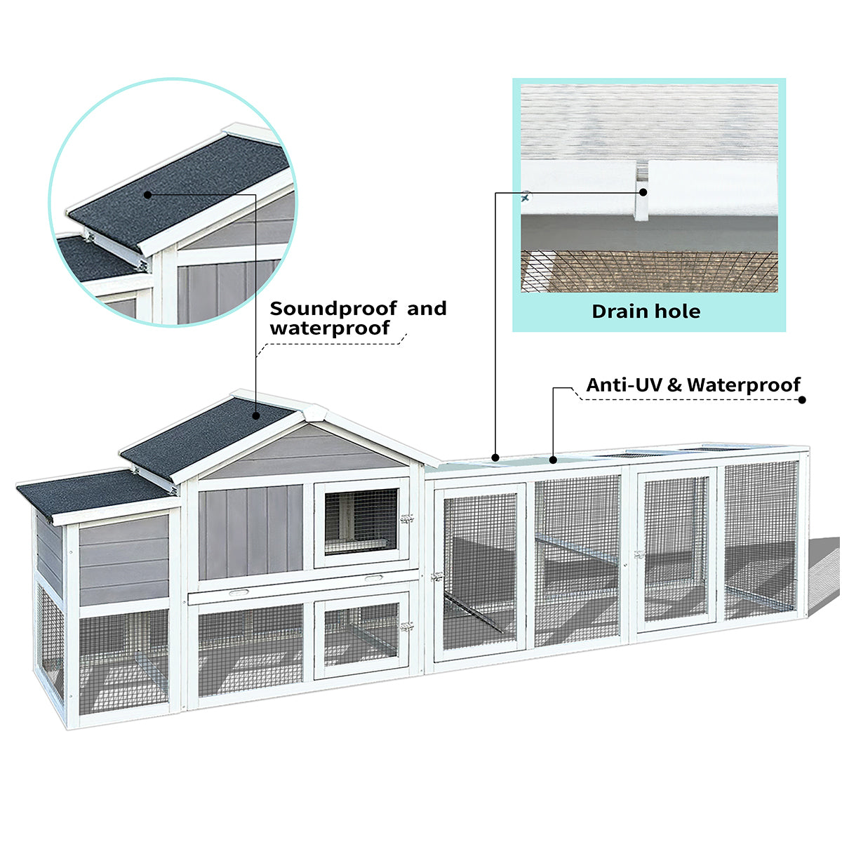 111.5" Wooden Chicken Coop, Large Outdoor Hen House with Nesting Box Poultry Cage, Rabbit Hutch Bunny Cage , Waterproof UV Panel for Outdoor Backyard