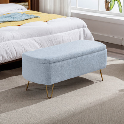 Blue Storage Ottoman Bench for End of Bed Gold Legs, Modern Grey Faux Fur Entryway Bench Upholstered Padded with Storage for Living Room Bedroom