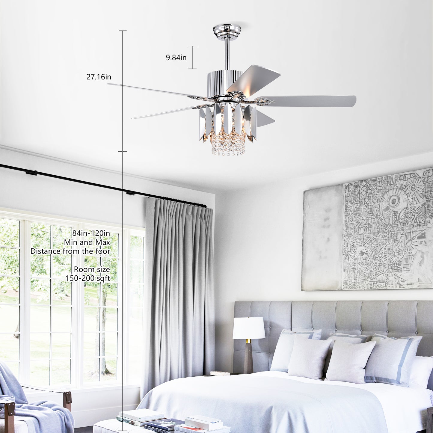 Crystal Ceiling Fan Reversible Blades 3 Wind Speeds Remote Control for Bedroom Living Dining Room --Chrome