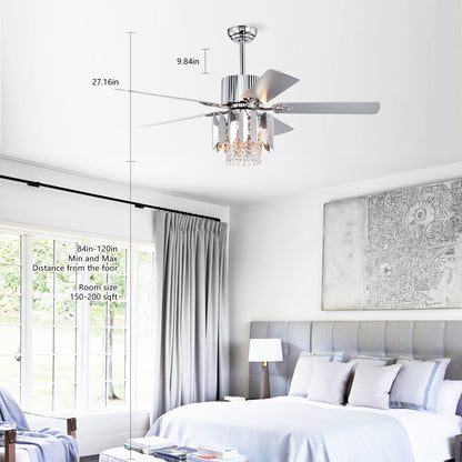 Crystal Ceiling Fan Reversible Blades 3 Wind Speeds Remote Control for Bedroom Living Dining Room --Chrome