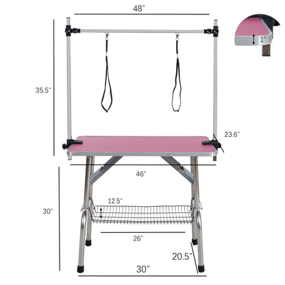 46" Folding Dog Pet Grooming Table Stainless Steel Frame Rubber Mat on Board with Adjustable Arm and Clamps pet dog Cat Grooming Table (PINK COLOR)