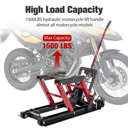 Hydraulic Motorcycle Lift Jack, 1500 LBS Capacity Foot-Operated Motorcycle Lift Table, ATV Scissor Lift Jack with 4.5" - 15" Lifting Range, Portable Motorcycle Lift Table with Wheels