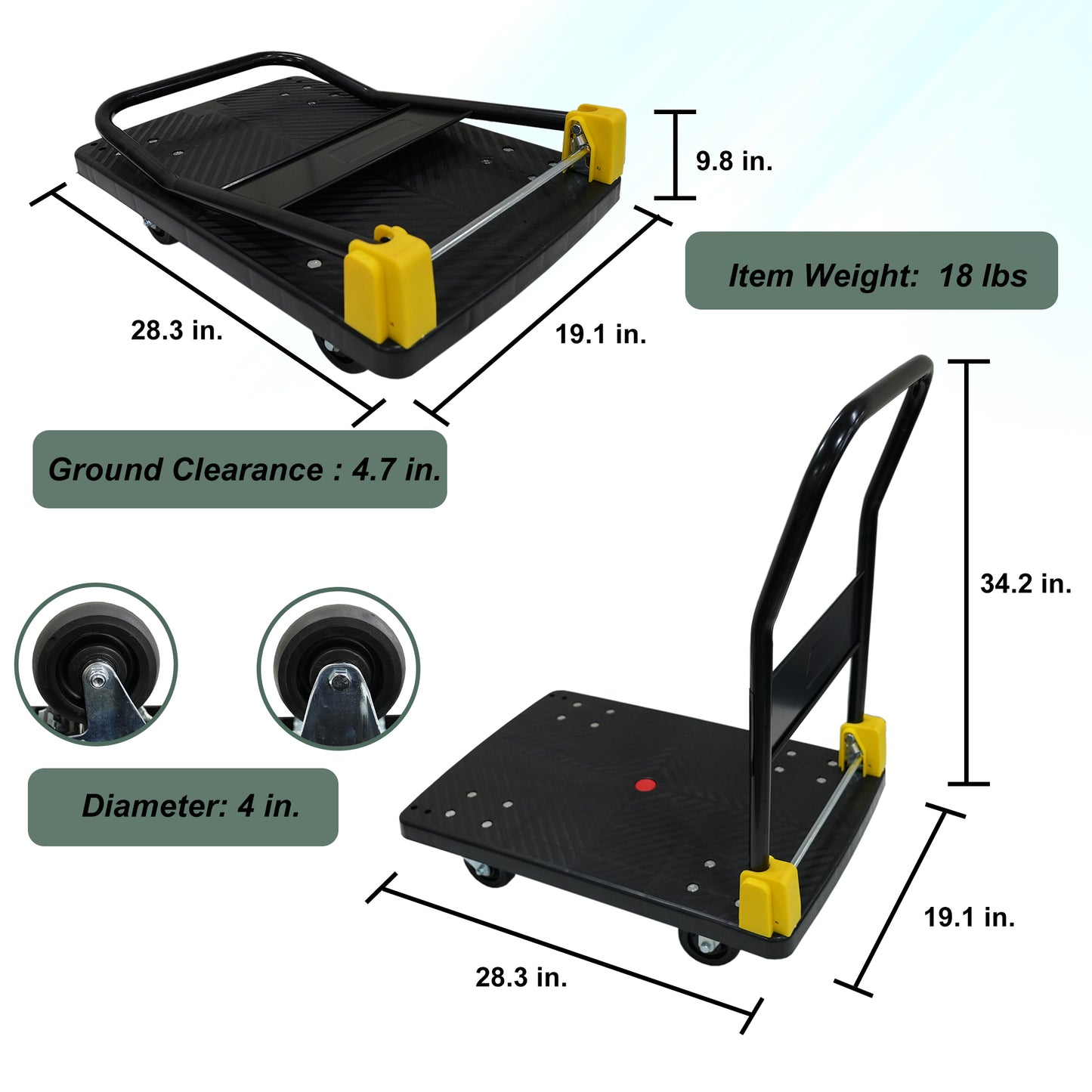 Foldable Platform Push Hand Truck Cart, 440 lbs. Weight Capacity, 2 Swivel Brake Wheels