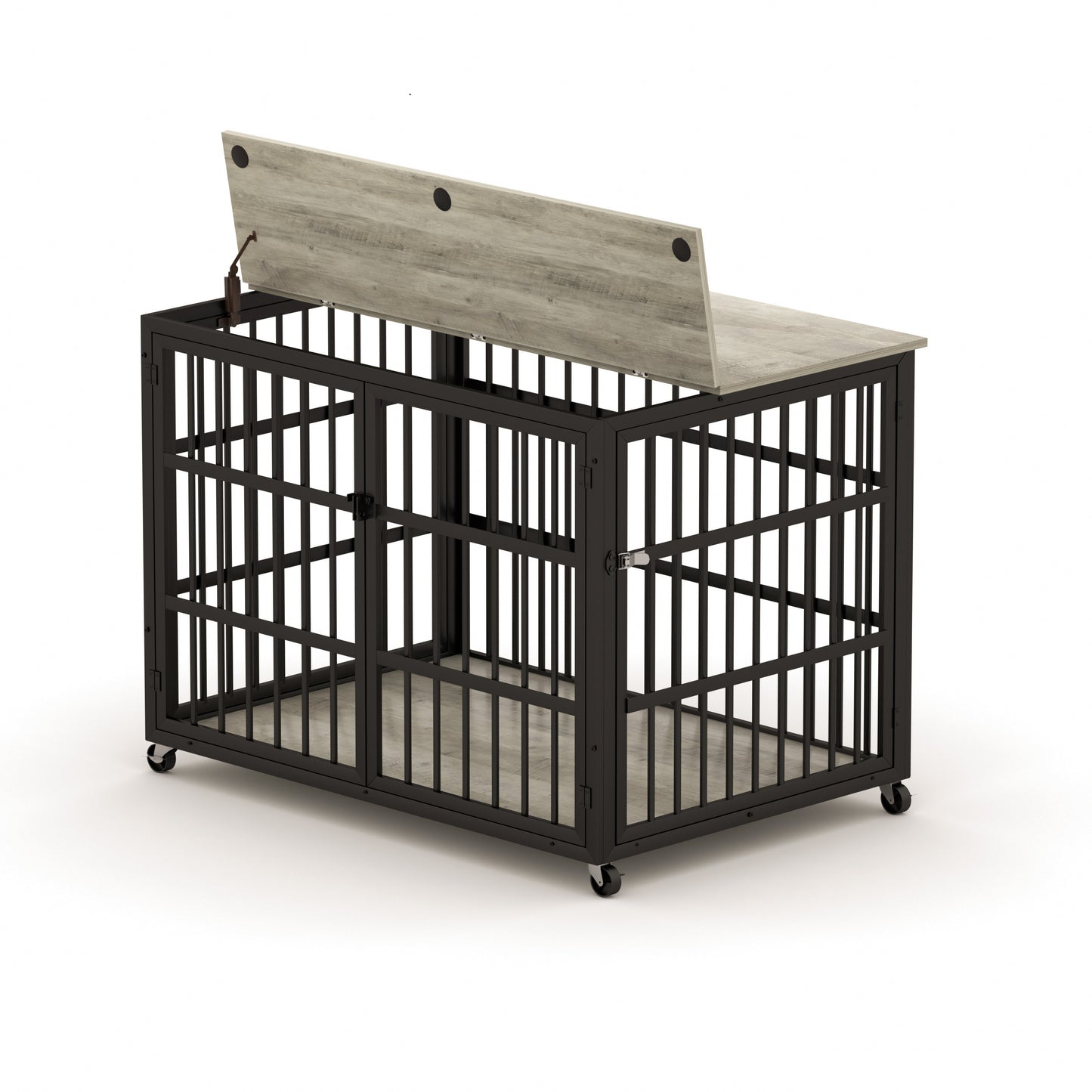 Furniture style dog crate wrought iron frame door with side openings, Grey, 43.3''W x 29.9''D x 33.5''H.