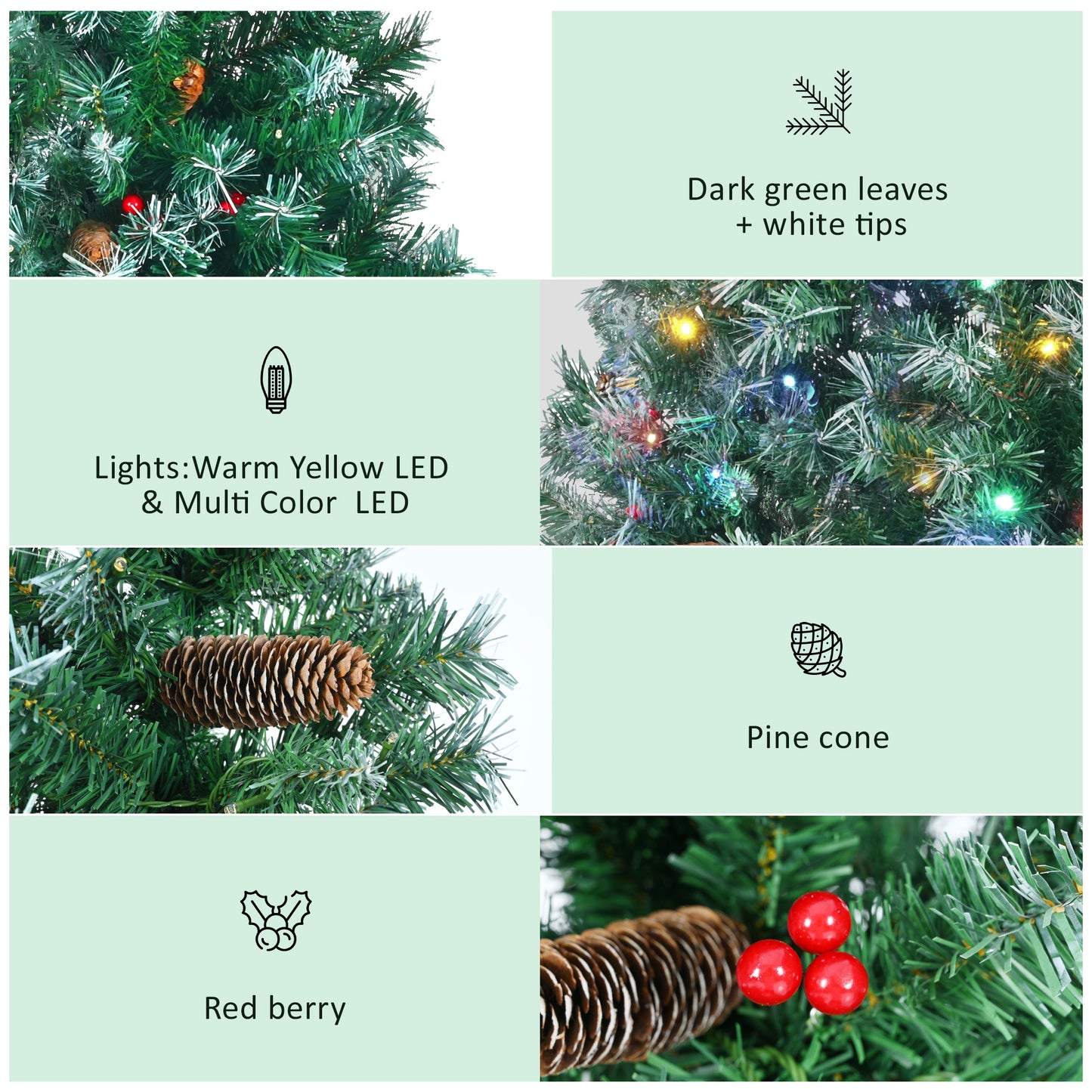 6FT Dark Green Pine Christmas Tree, Pre-Lit Set with Tree & Garland & Wreath, Hinged Artificial Xmas Tree with White Tips, Red Berries and Pine Cones, 11 Colorful Modes, Indoor Holiday Decoration