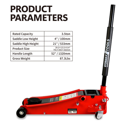 Floor Jack, 3.5 Ton Low Profile Floor Jack, Heavy-Duty Steel Racing Floor Jack with dual Piston Quick Lift Pump, Floor Jack Lifting Range 4"-21"