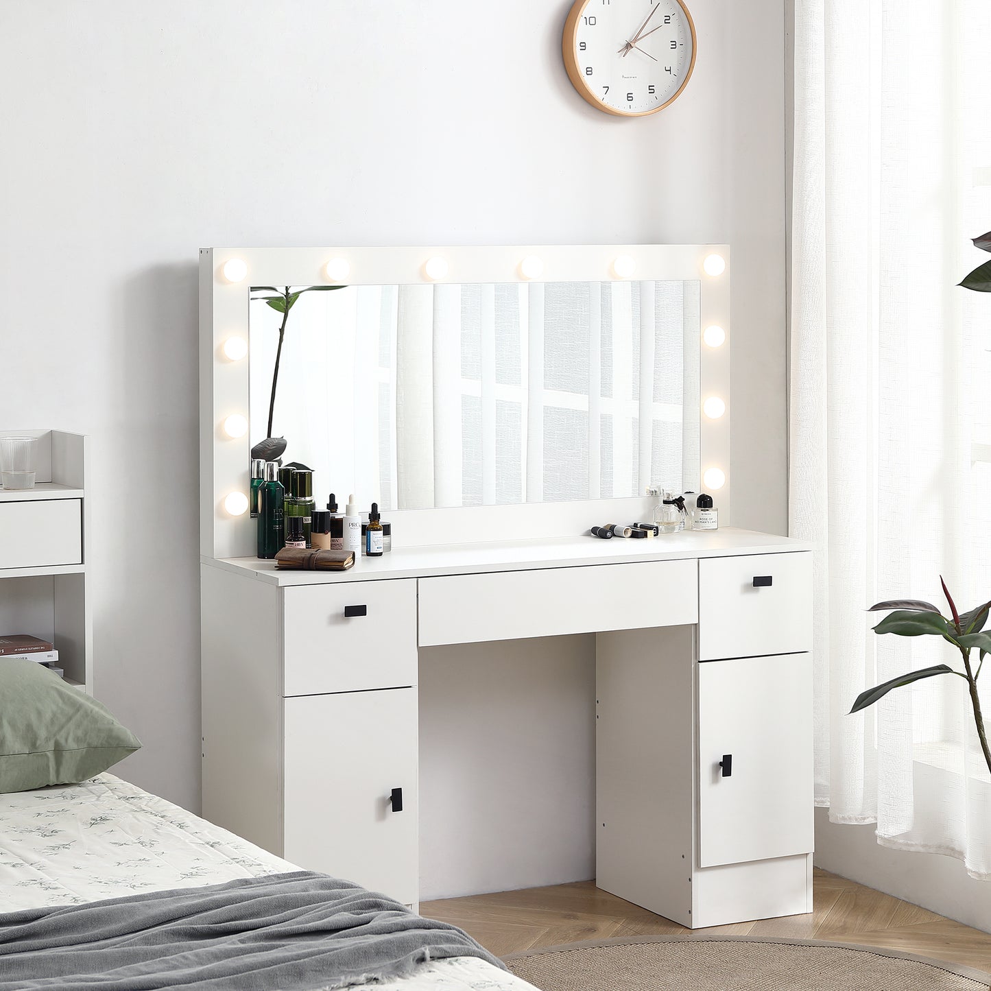 Vanity table with lighted mirror, vanity desk with 3 drawers and storage cabinet,3 color lighting modes adjustable brightness, white color