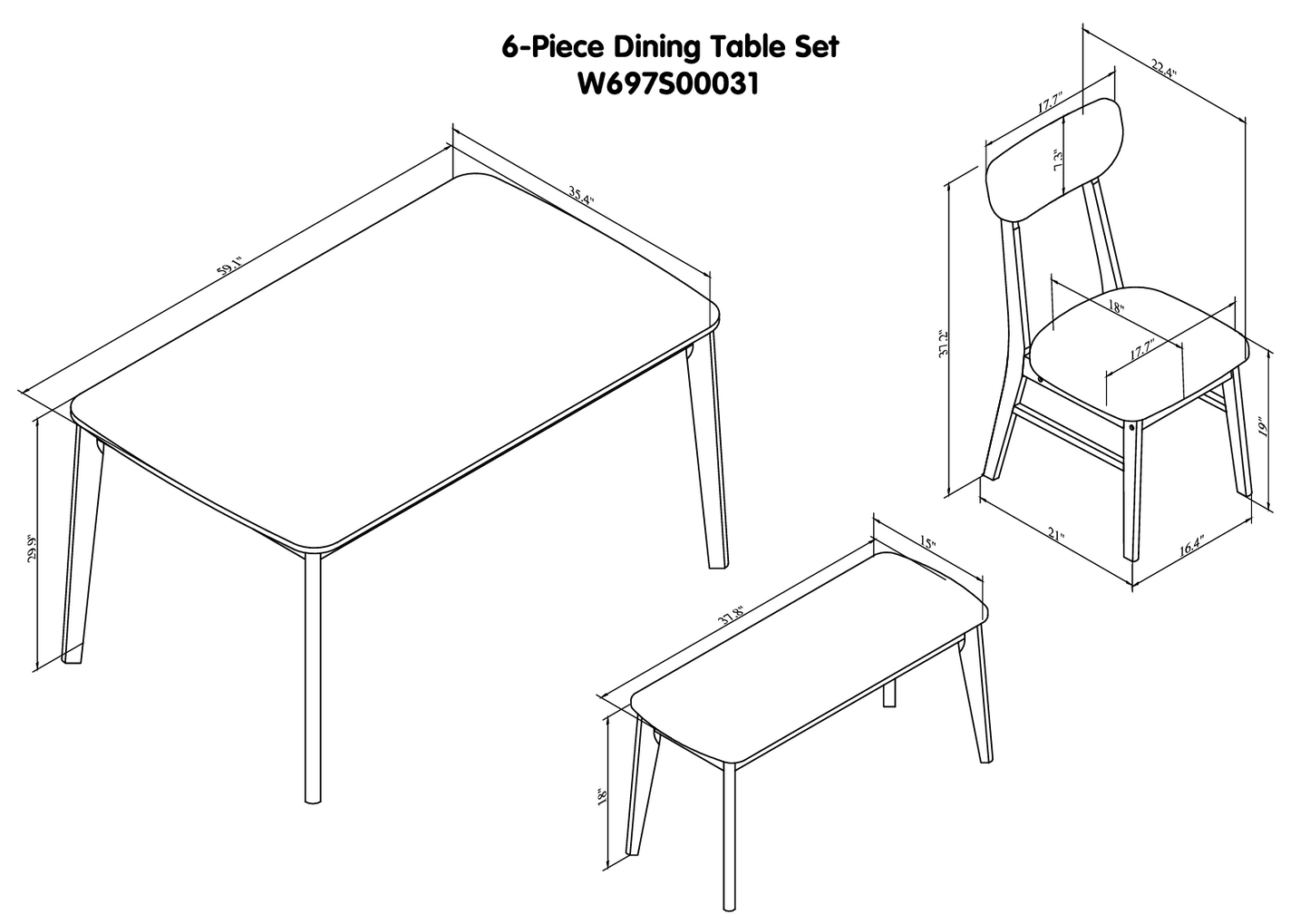 6-piece Dining Table Set, One Table One Bench and Four Chairs, High Gloss White Tabletop With Light Oak Color