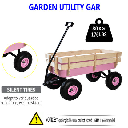 Outdoor Wagon All Terrain Pulling w/Wood Railing Air Tires Garden Cart