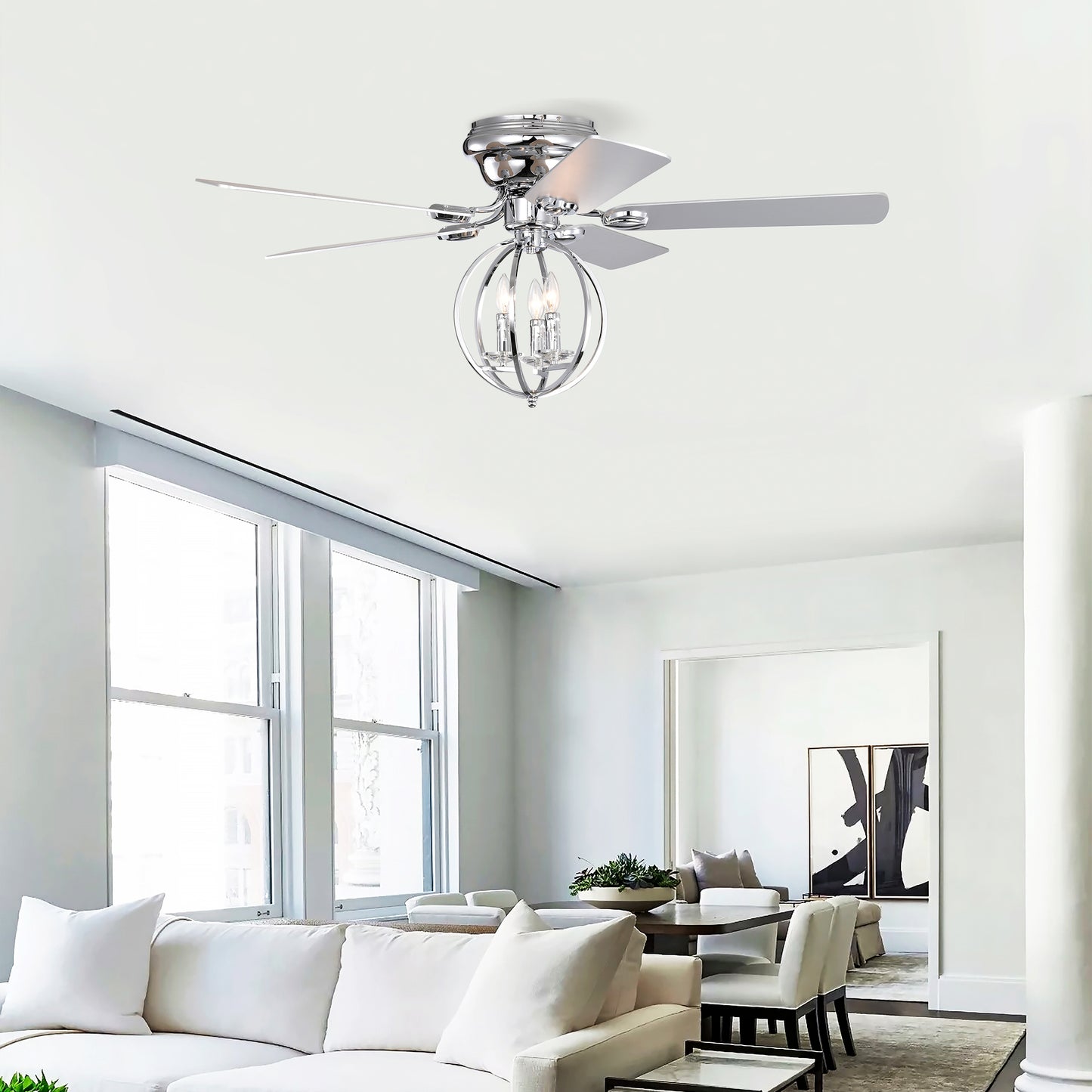 5-blade 52-inch Chrome Ceiling Fan with 3-Light  (NO INCLUDE BULB) Chandelier (Remote Controlled)