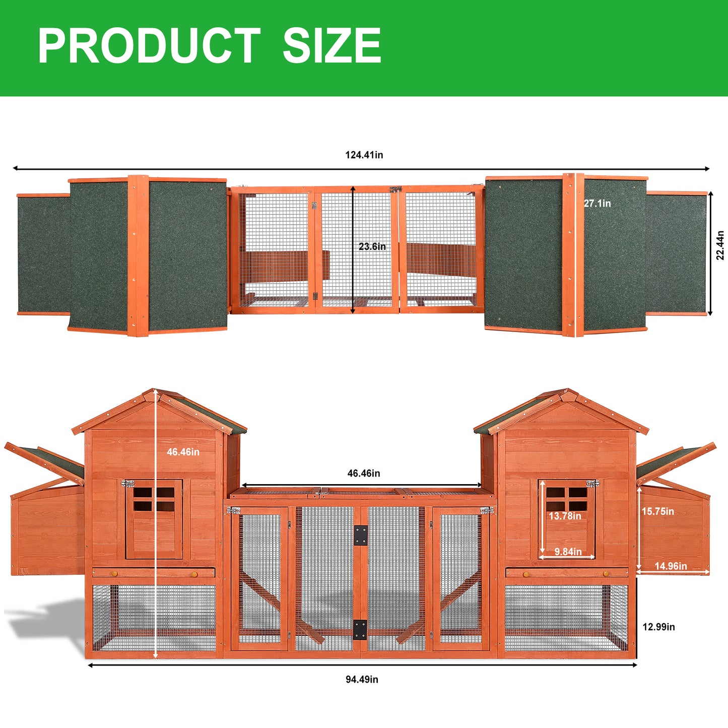 Outdoor Wooden Chicken Coop, 124" Large Hen Cage Rabbit House, Bunny Hutch with Ventilation Door, Removable Ramp Garden Backyard Pet House Chicken Nesting Box