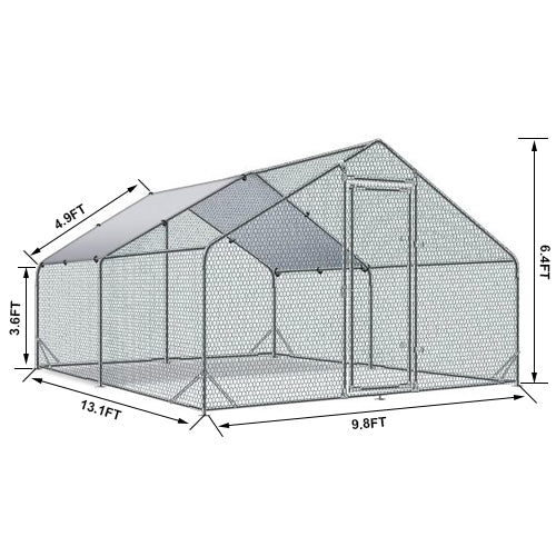 Large Metal Chicken Coop Walk-in Poultry Cage Hen Run House Rabbits Habitat Cage Spire Shaped Coop with Waterproof and Anti-Ultraviolet Cover (13.1' L x 9.8' W x 6.4' H)