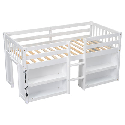 Twin Size Kid Low Loft Bed With Two-Tier Shelves And LED Light For White Color