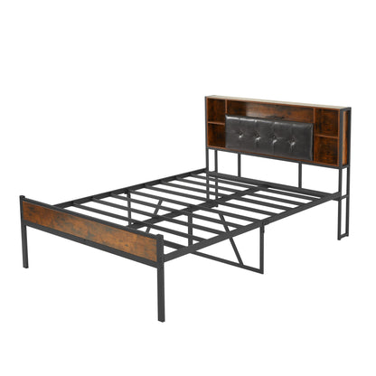 Bed Frame with Storage Headboard/USB Charging Station,Metal Platform Bed Frame Full Size No Box Spring Needed,Noise-Free,Strong Steel Slats Support,Rustic Brown