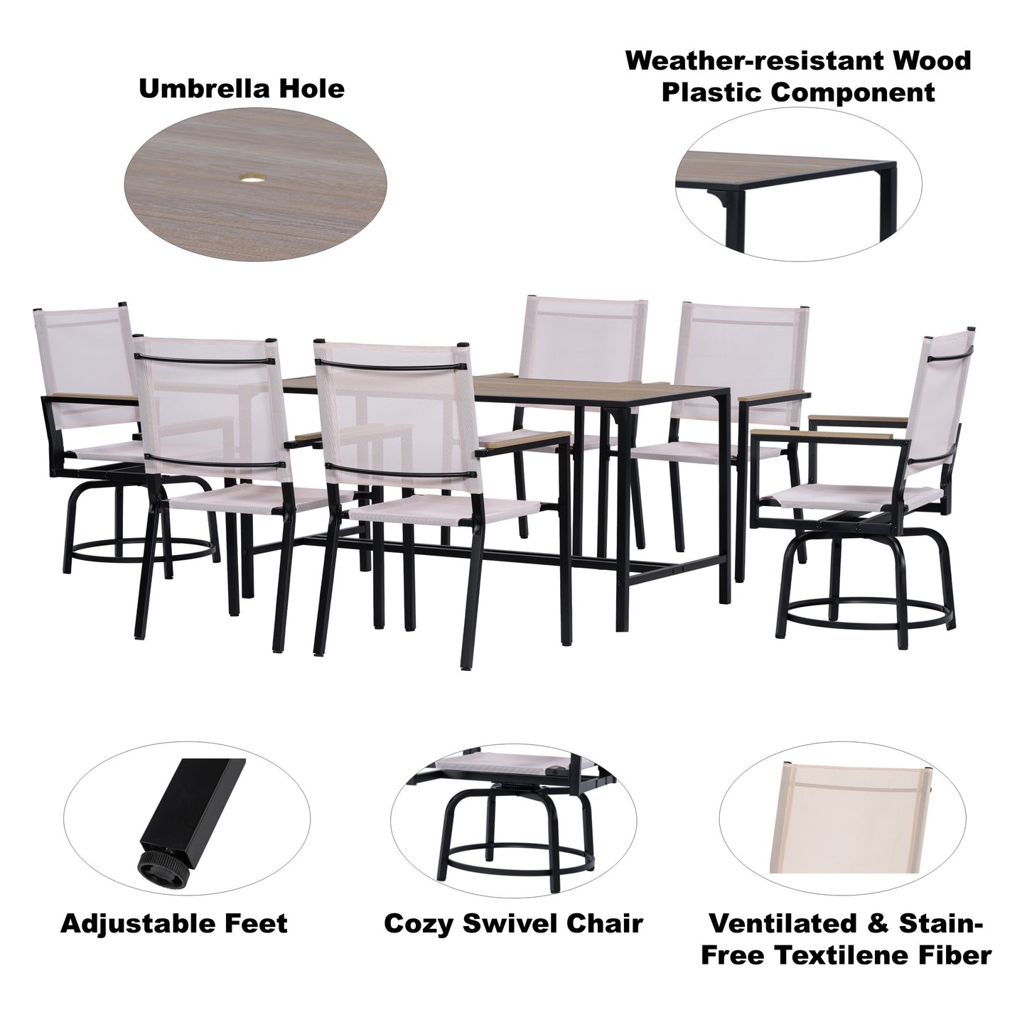 7 Piece Outdoor Patio Set/ Weather Resistance/ Wood Plastic Component/ WPC/ Swivel Chairs/ Al Fresco Dining Set/ Outdoor Dining Set/ Dining Table Set/ Bistro Table