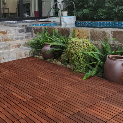 Acacia Wood Interlocking Deck Tiles Striped Pattern, 20 PCS  12" x 12" Square Acacia Hardwood Outdoor Flooring for Patio, Bancony, Pool Side,...