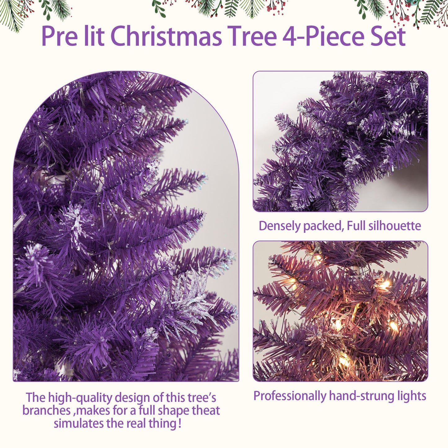 Pre-lit Christmas Artificial Tree 4-Piece Set, Garland, Wreath and Set of 2 Entrance Trees, X-mas with LED Lights, PVC Festival Celebration Set, Purple