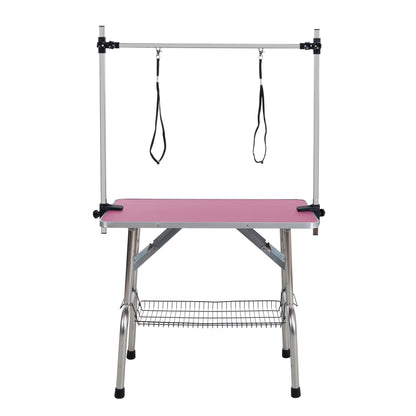 36" Folding Dog Pet Grooming Table Stainless Steel Frame Rubber Mat on Board with Adjustable Arm and Clamps pet dog Cat Grooming Table (PINK COLOR)