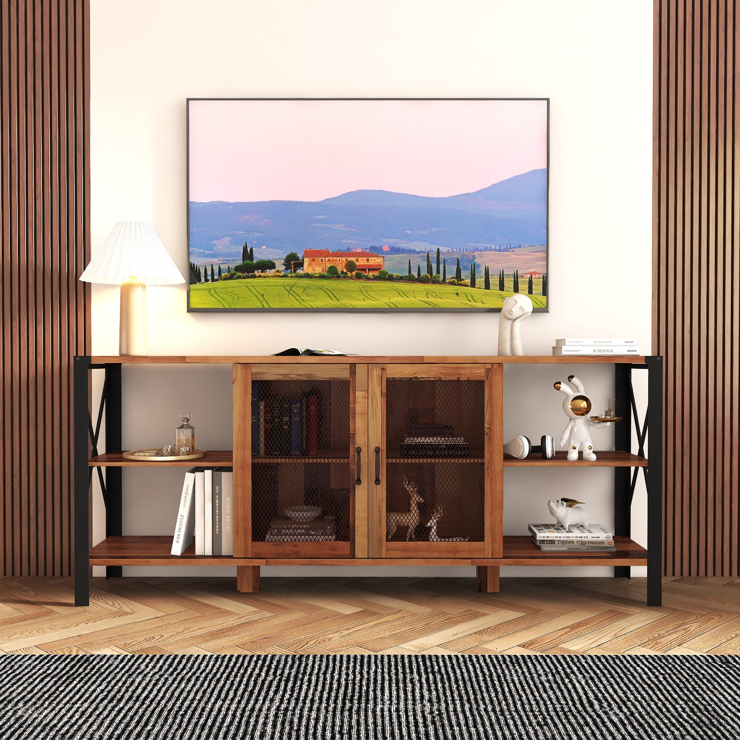 TV Stands for Living Room, Industrial TV Stand for Bedroom Furniture, Farmhouse TV Stand 80 Inch Television Stand , Modern Horizontal Wood and Metal Open Bookshelf