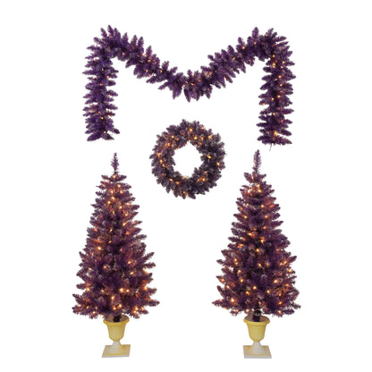 Pre-lit Christmas Artificial Tree 4-Piece Set, Garland, Wreath and Set of 2 Entrance Trees, X-mas with LED Lights, PVC Festival Celebration Set, Purple