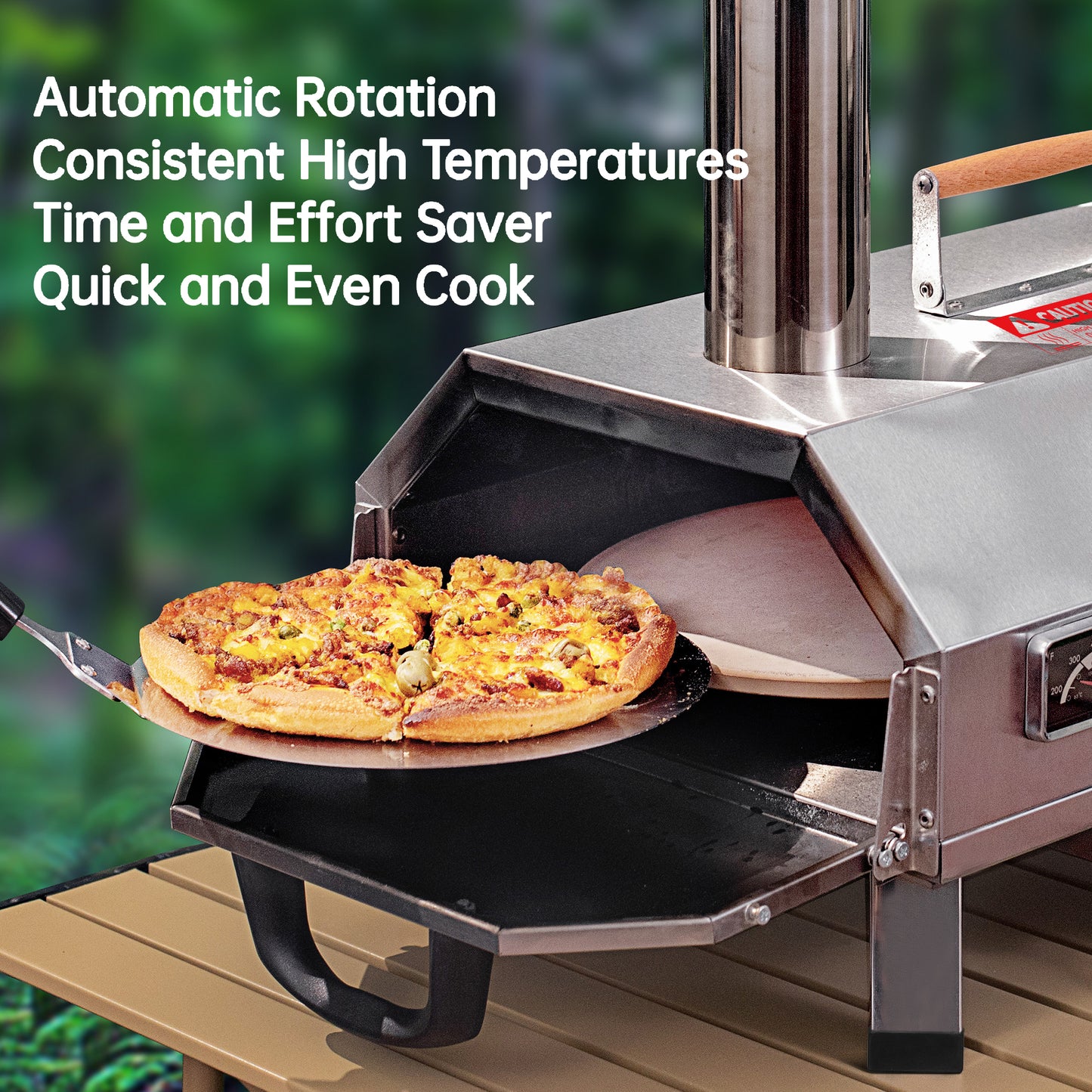 Stainless Steel Pizza Oven Outdoor 12" Automatic Rotatable Pizza Ovens,Portable Wood Fired Pizza Oven Pizza Maker with Timer, Built-in Thermometer,Pizza Cutter & Carry Bag