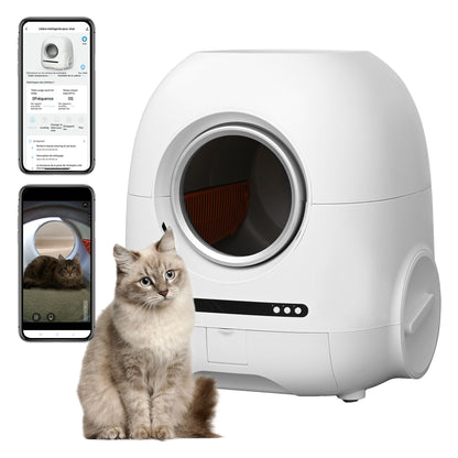 Self-cleaning cat litter box, 68L+9L, suitable for a variety of cat litter, APP control, real-time video, photo and video, safe and reliable, ionic deodorization, with exhaust hose, support WiFi