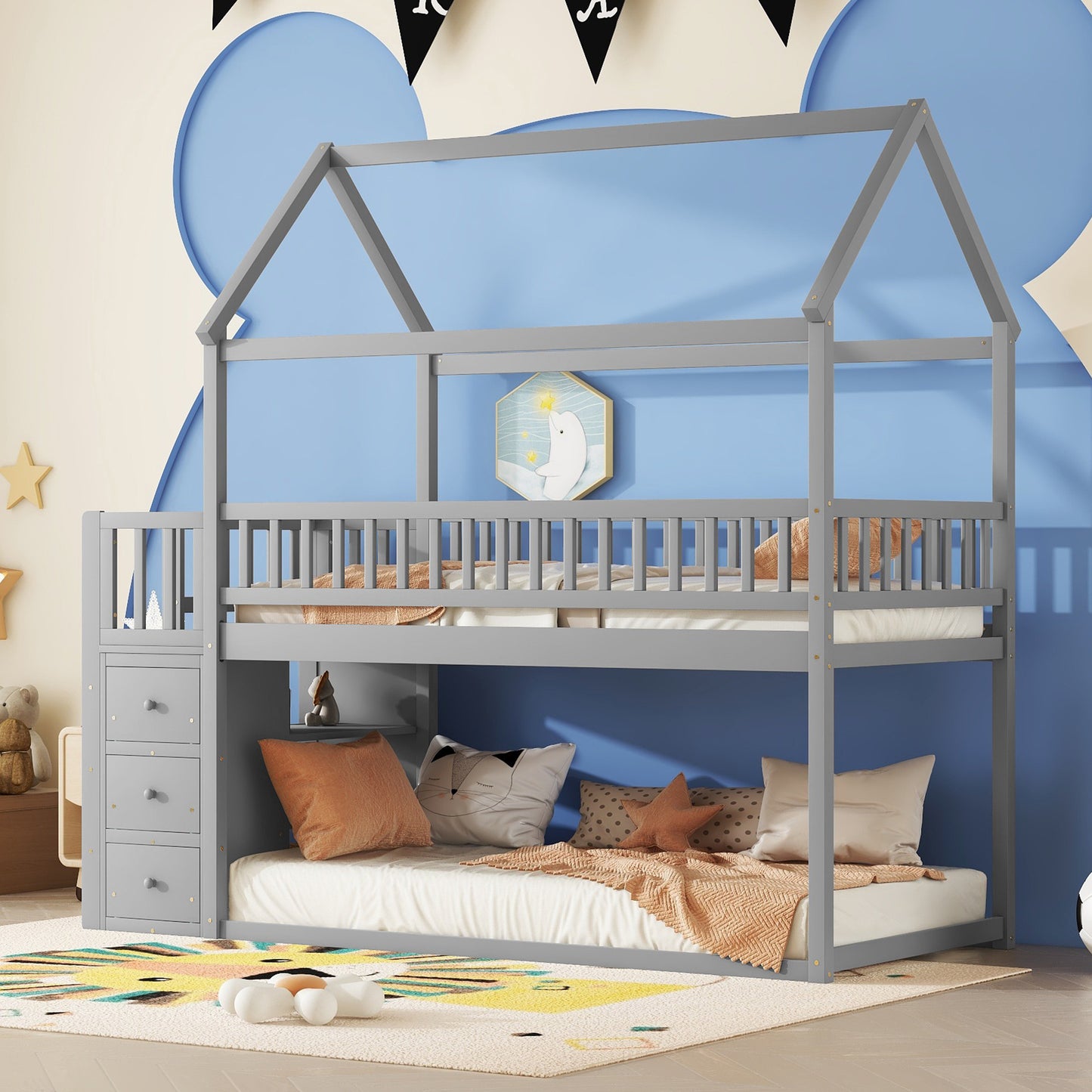 TWIN/TWIN HOUSE BUNK BED WITH SHELVES AND DRAWERS FOR GREY COLOR