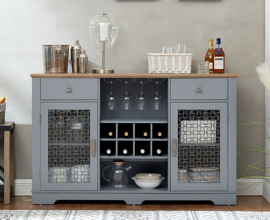 Modern Farmhouse Buffet Cabinet, Sideboard with 2 Drawers and Elegant Glass Door Cabinets, Wine and Glass Rack, Coffee Bar for Kitchen, Dining Room, Light Blue and Light Oak, 56.46"W*15.55"D*35.74"H