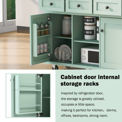 Kitchen Cart with Rubber wood Drop-Leaf Countertop ,Cabinet door internal storage racks,Kitchen Island on 5 Wheels with Storage Cabinet and 3 Drawers for Dinning Room, Mint Green