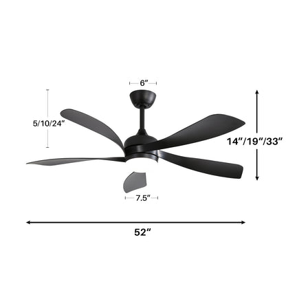 52 Inch Modern Ceiling Fan With 3 Color Dimmable Light 5 ABS Blades Smart Remote Control Reversible DC Motor Black